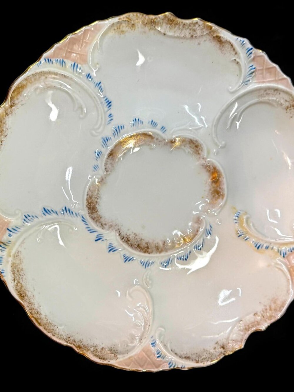 Antique Oyster Plate Pink & Blue Gilt Five Wells Porcelain 8.25" A1242